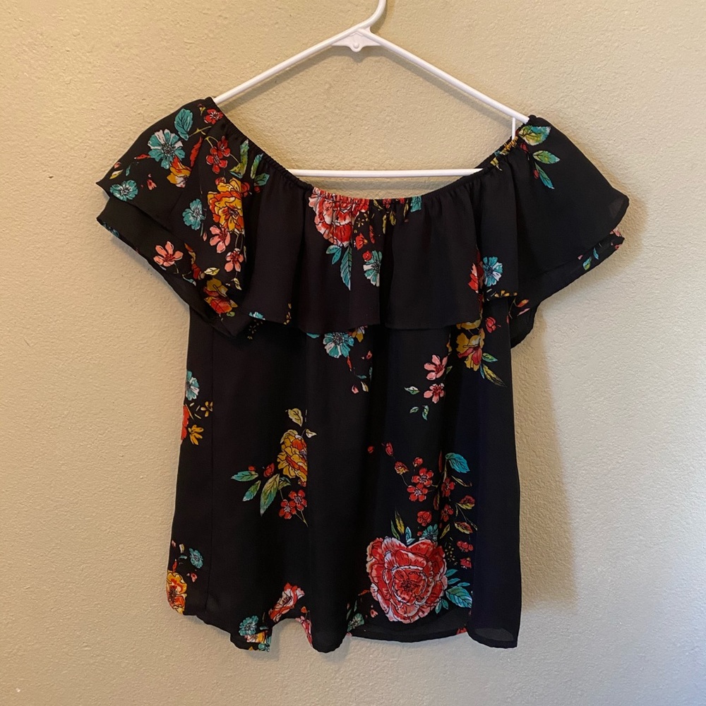 Black off the shoulder blouse with floral pattern